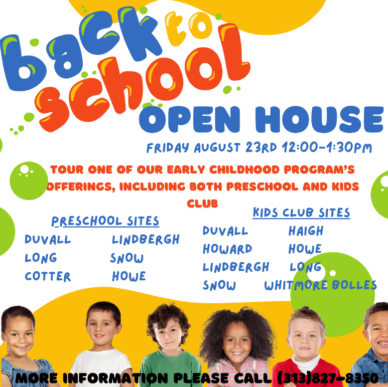 Flier for Early Childhood open house Aug. 23, 2024