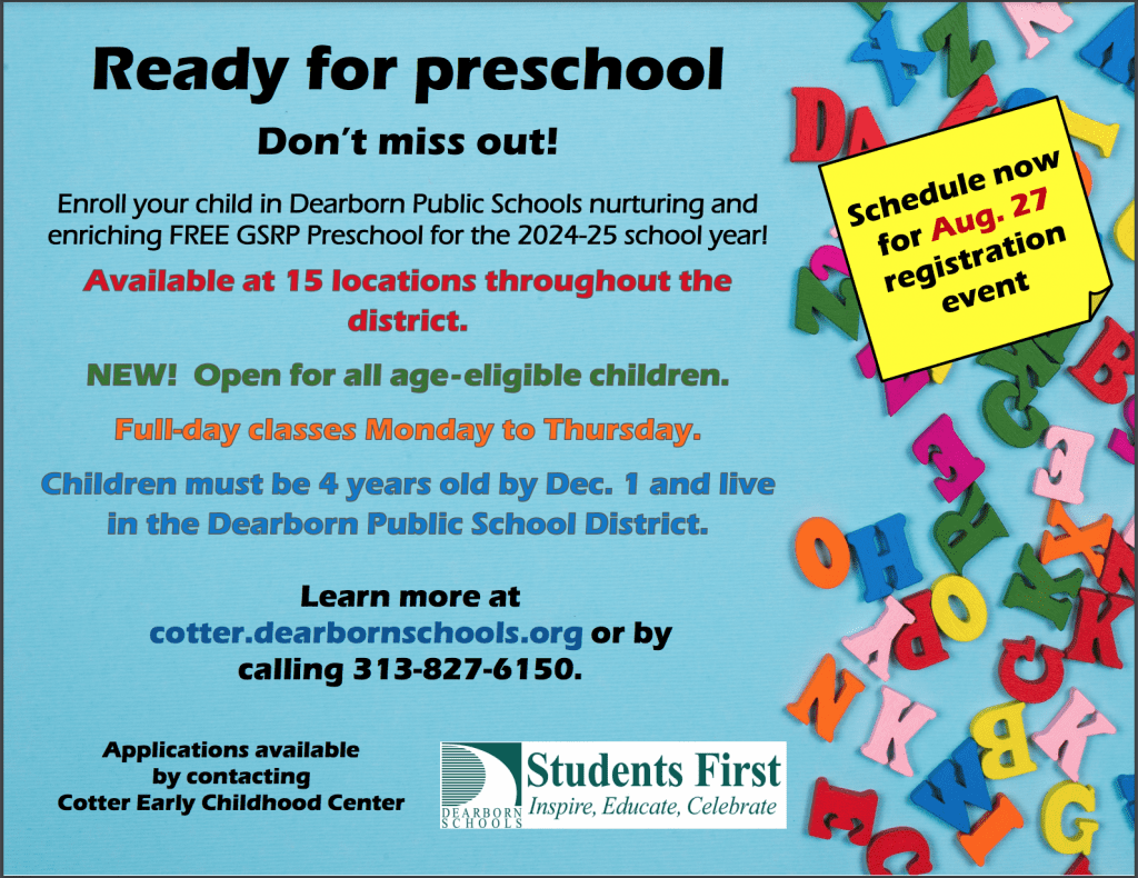 Ready for Preschool? Don't miss out!
call 313-827-6150 to learn more.